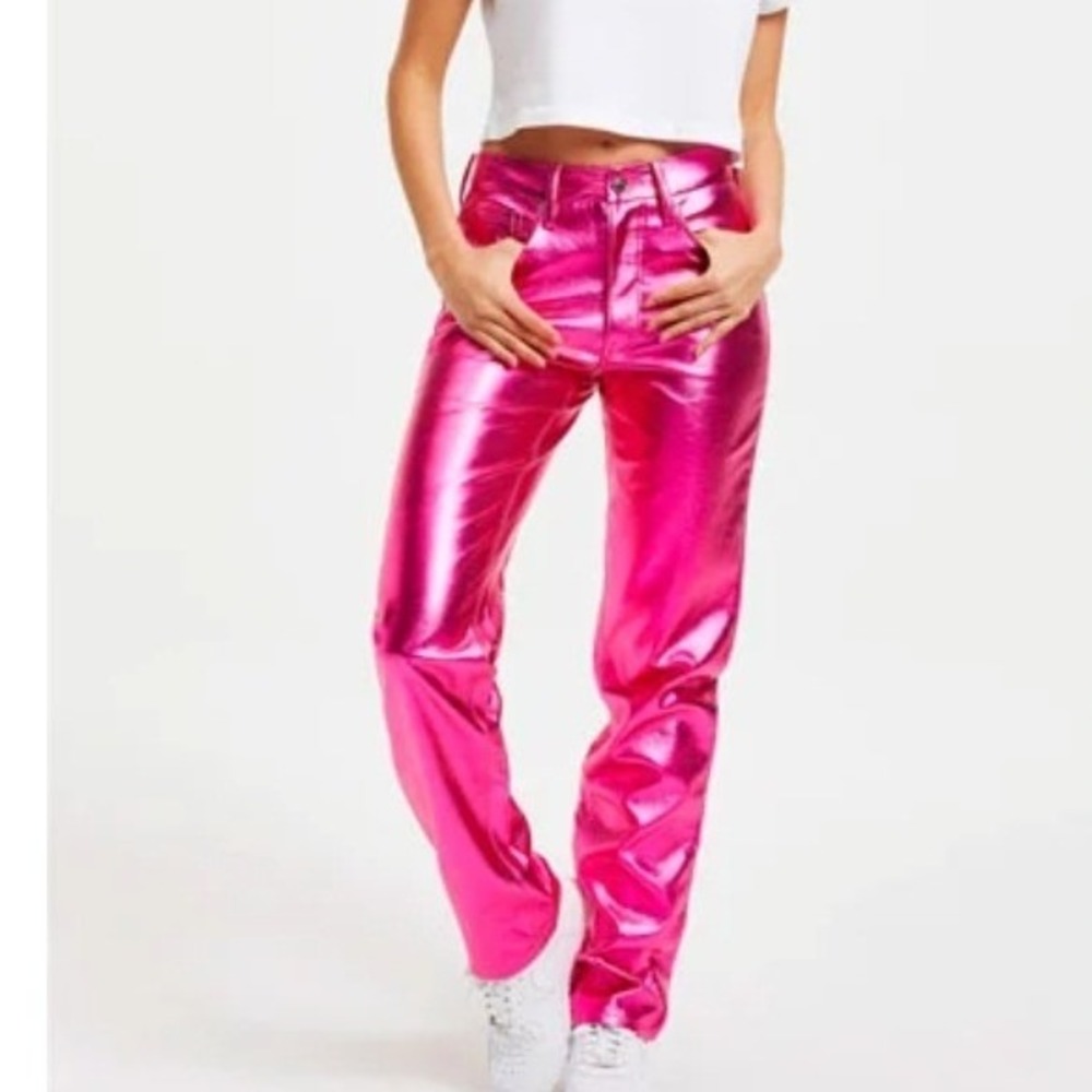 GOOD AMERICAN Metallic Pink Straight Leg Pants Size 16 Shiny Glam Party